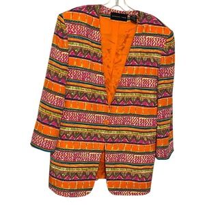 August Silk Vibrant Multicolor Geometric Print Silk Blazer Jacket | Size 14